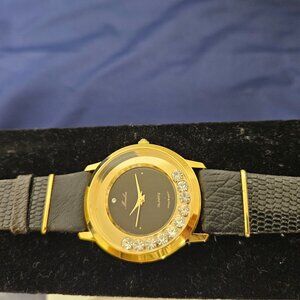 Moulin Quartz Japan Movt Watch with Leather Band, Gold toned trim, Black Face